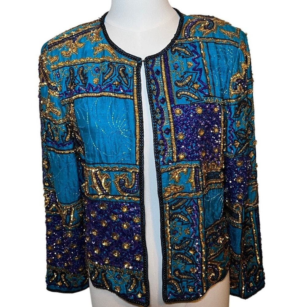 Adrianna Papell Beaded‎ Silk Jacket Vintage 80s Turquoise Sequin Evening Blazer